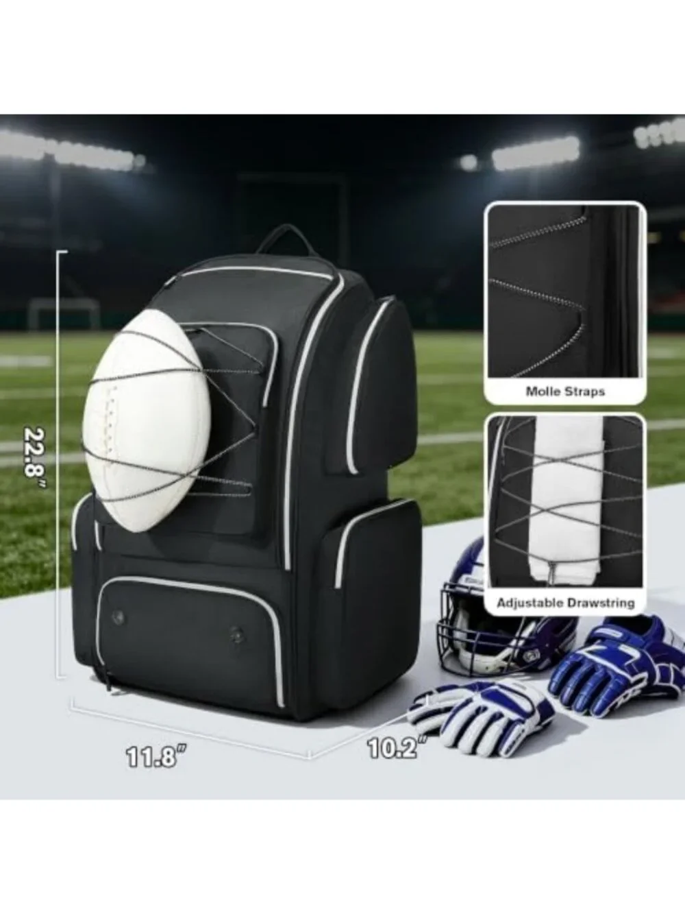 Large Capacity Football Backpack with Shoe Compartment, Padded Straps & Multiple